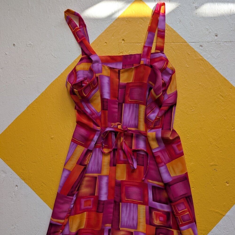 90s Vintage Tickets Mini Dress Windowpane Pink Orange Red Squares Tie Back - Picture 3 of 10